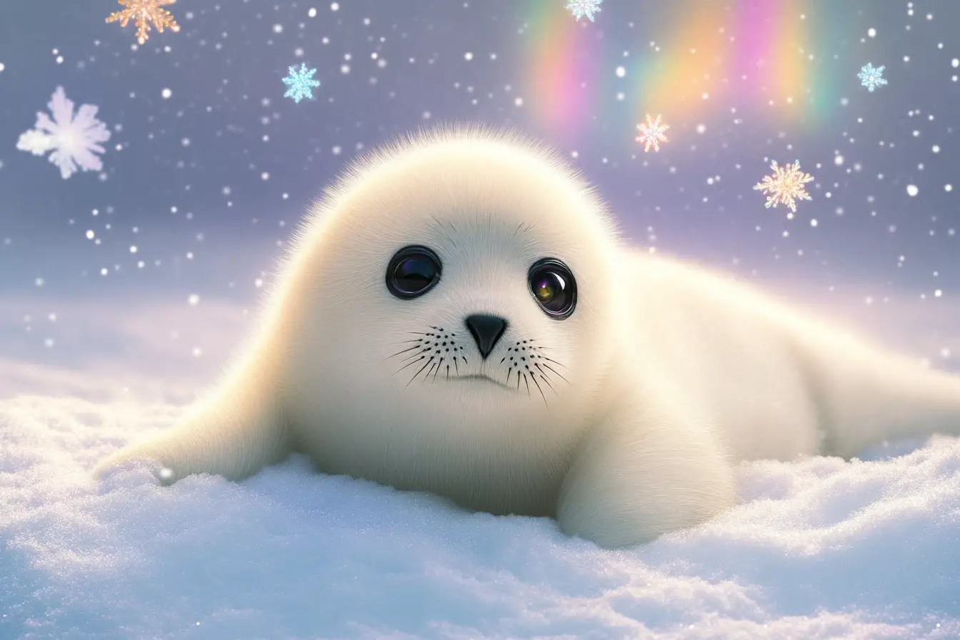Cute baby seal lying on fresh white arctic snow