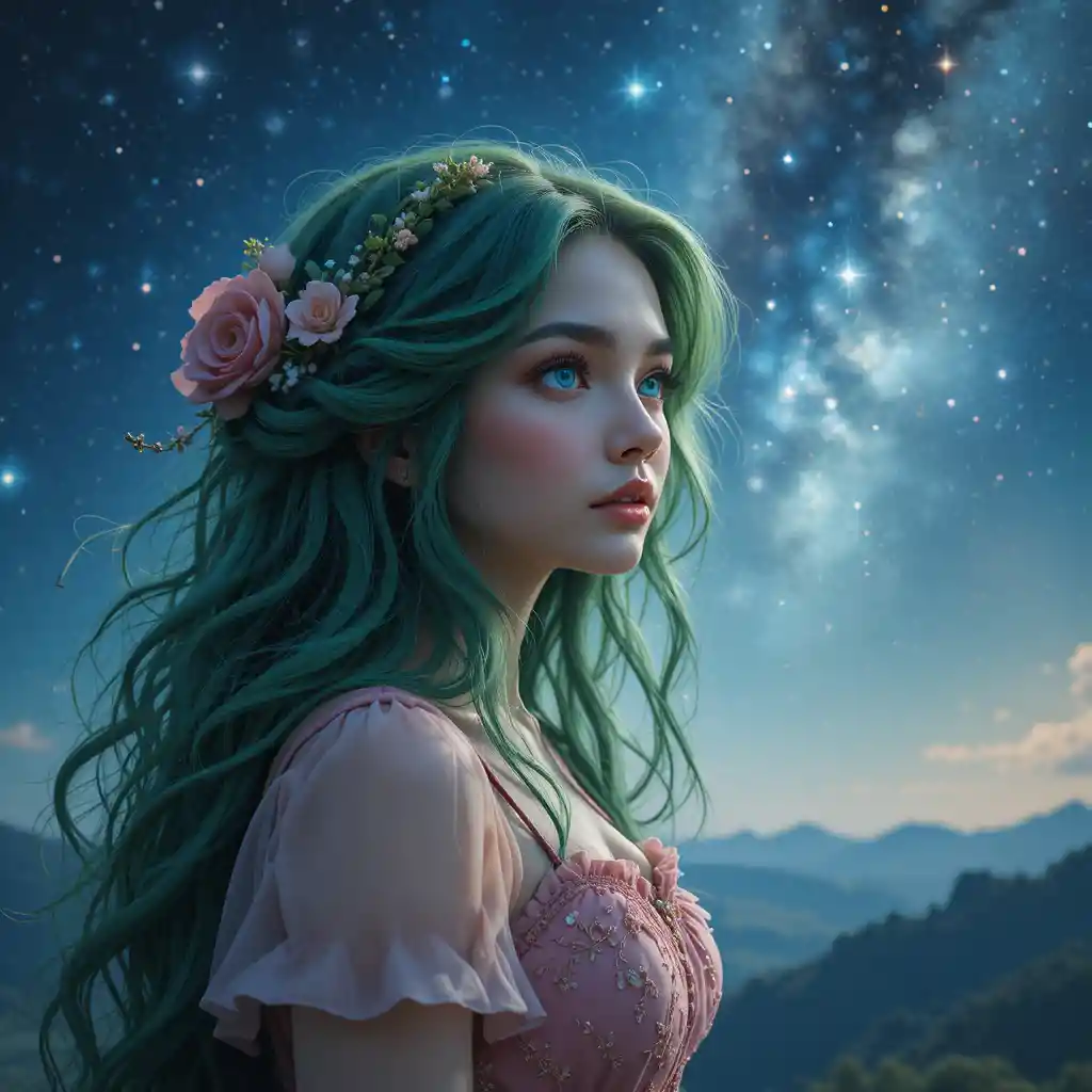 Blonde girl in pink dress looking up at starry sky