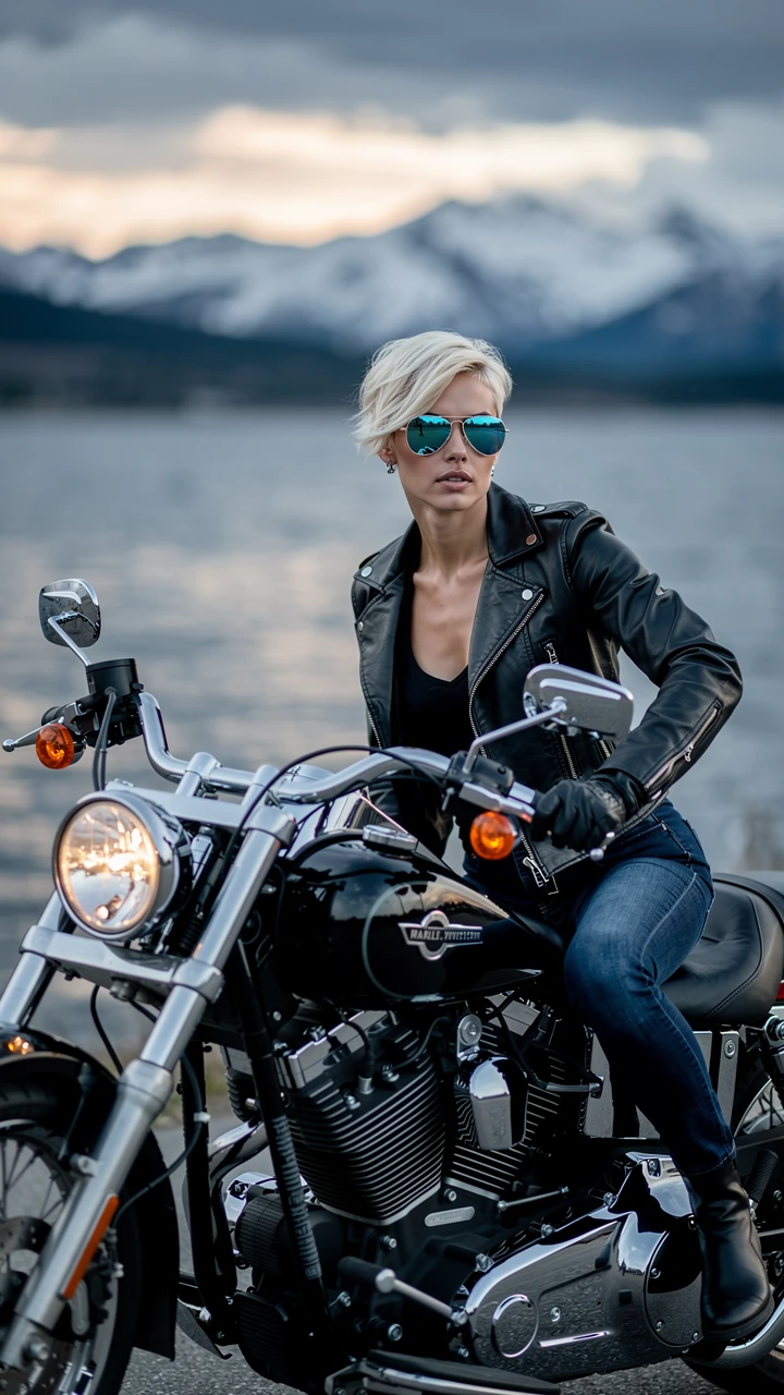 Femme confiante avec moto au bord d’un lac de montagne