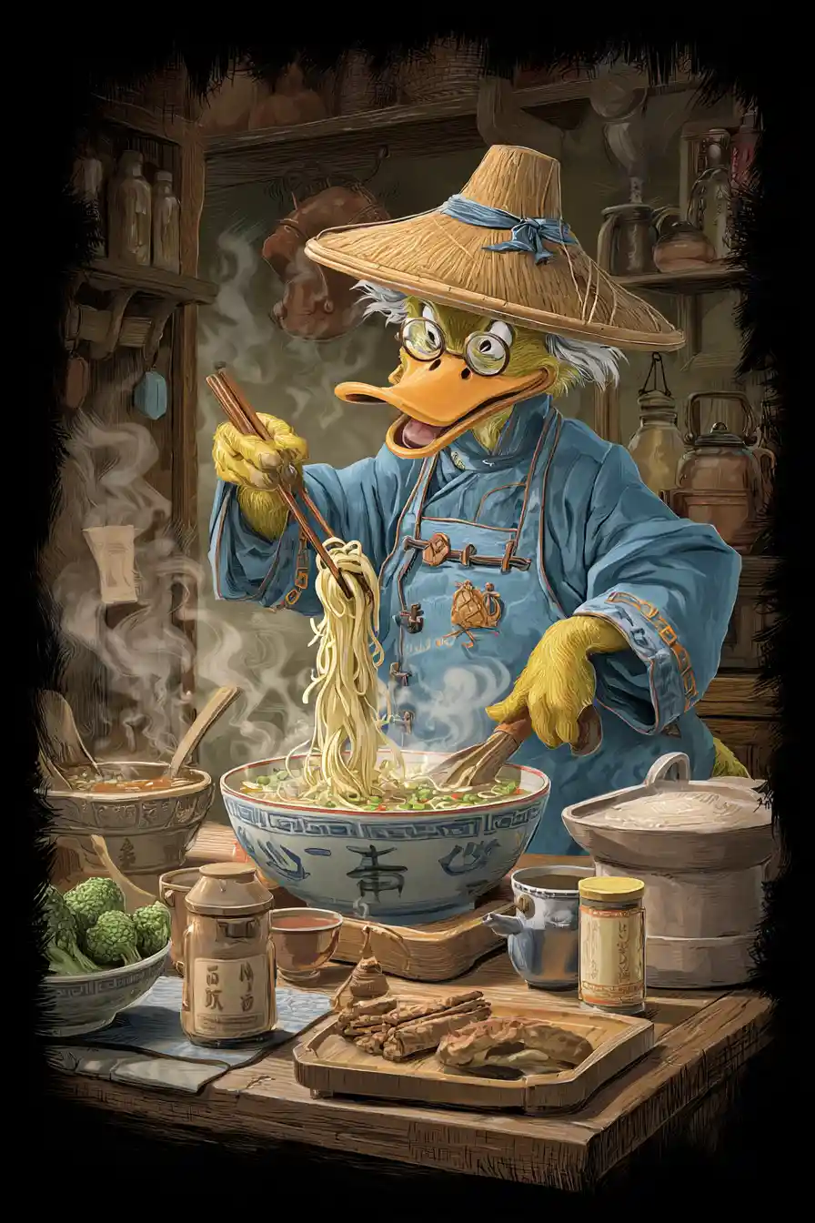 Anthropomorphic gander cooking noodle soup in Chinese kitchen