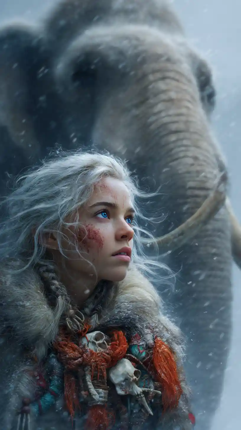 White haired warrior woman beside a woolly mammoth