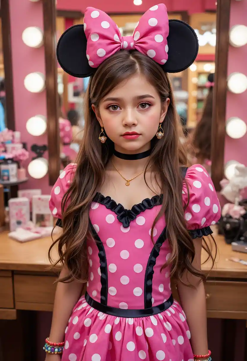 Garoto pré-adolescente ansioso fantasiado de Minnie Mouse em boutique