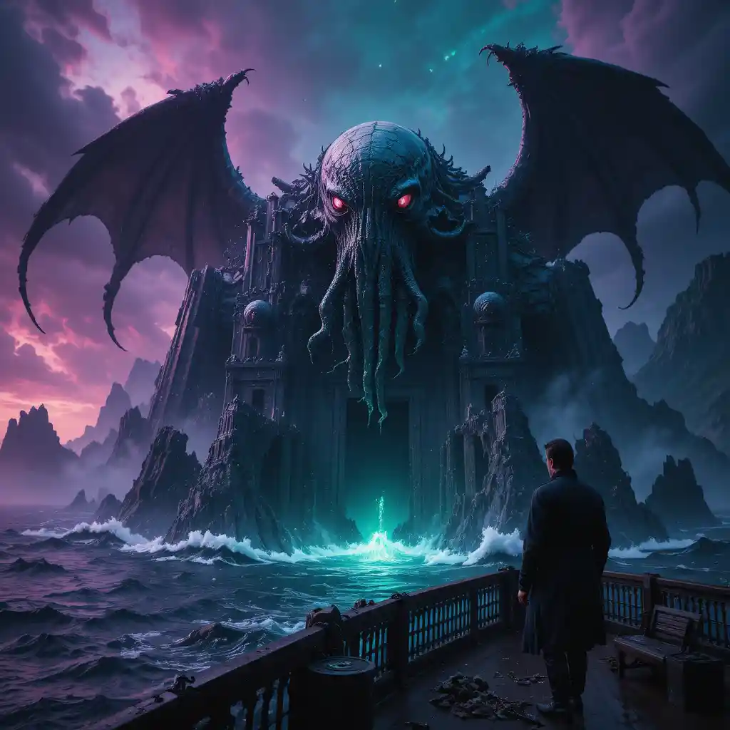 Storm torn ship approaching impossible stone city at sea