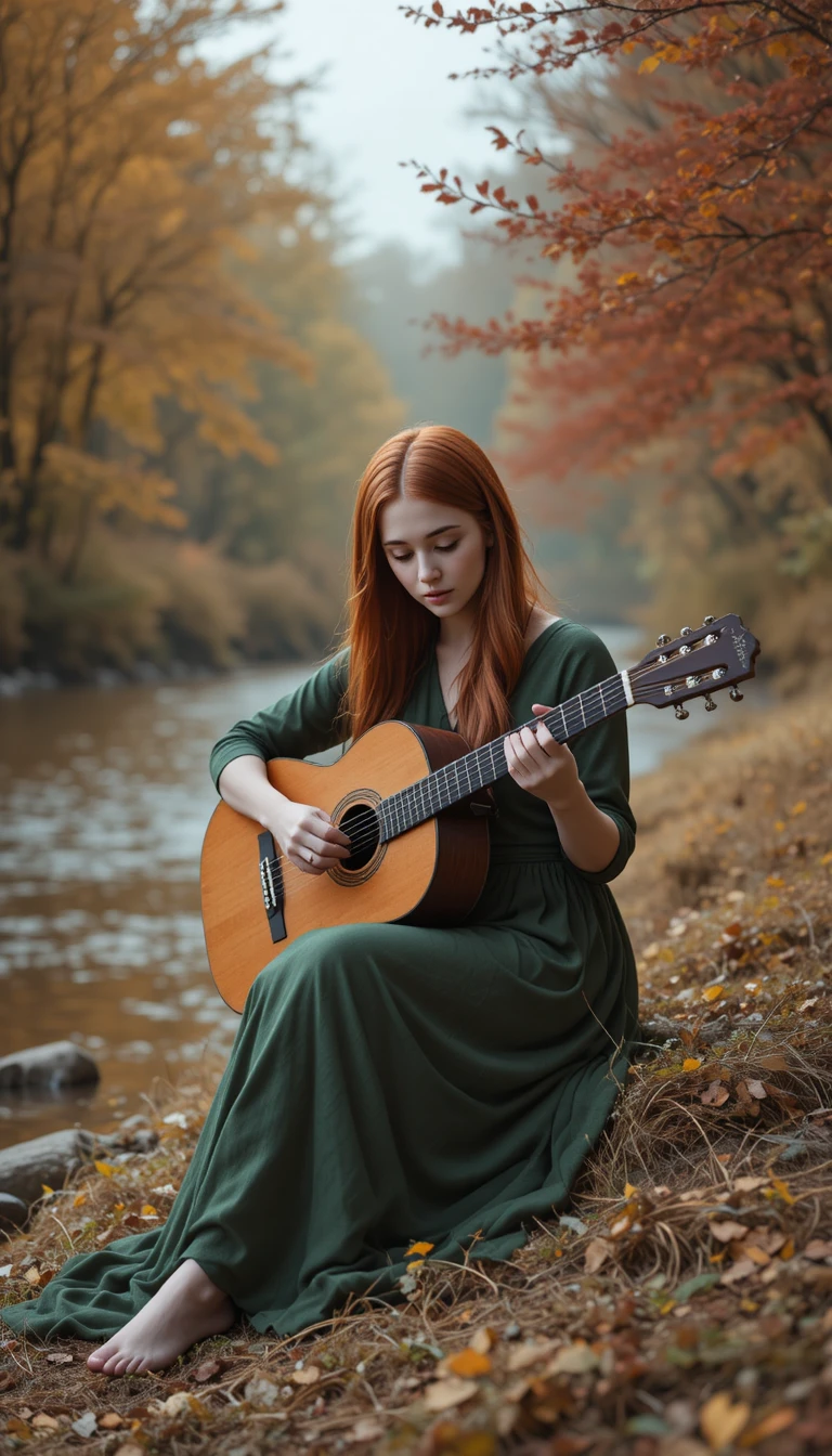 Young woman playing guitar by a quiet autumn riverbank