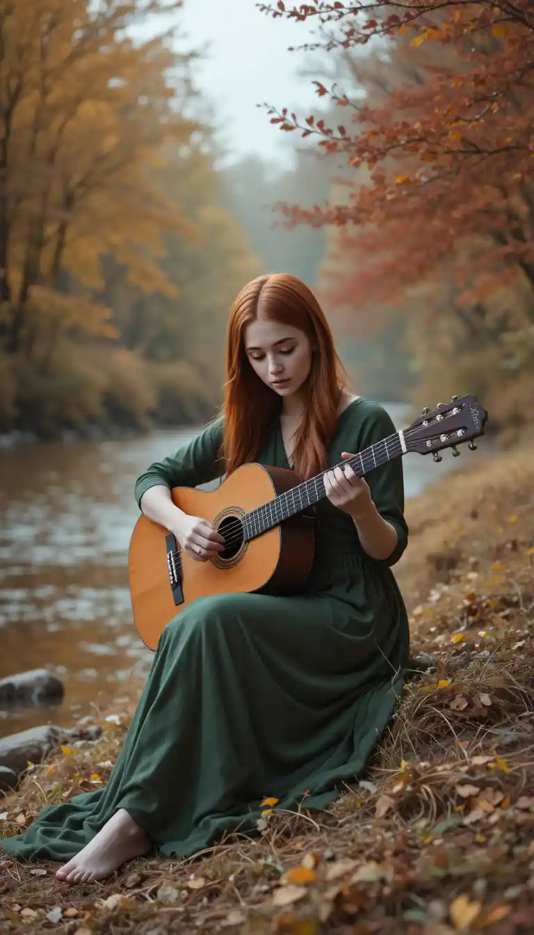 Young woman playing guitar by a quiet autumn riverbank