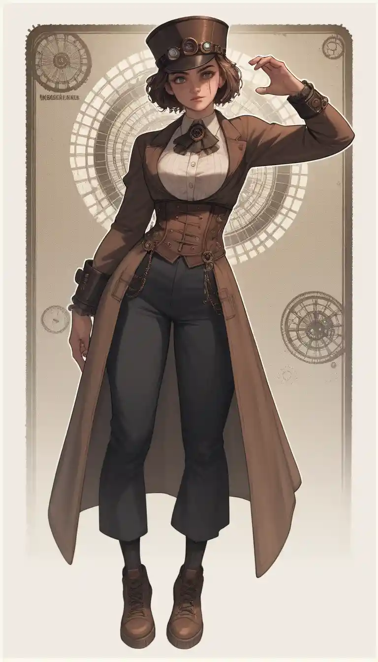 Femme robot dansant en grand écart dans une scène steampunk