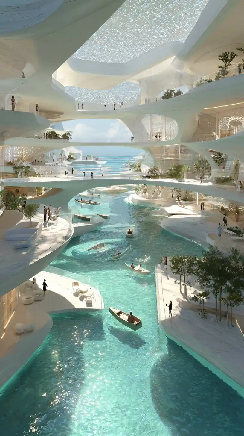 Futuristic coastal cultural center with glass canals