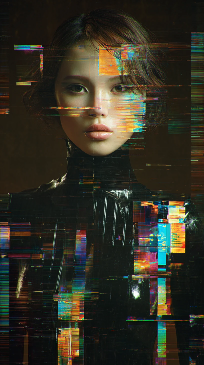 Donna futuristica che si dissolve in vividi pixel di glitch digitale