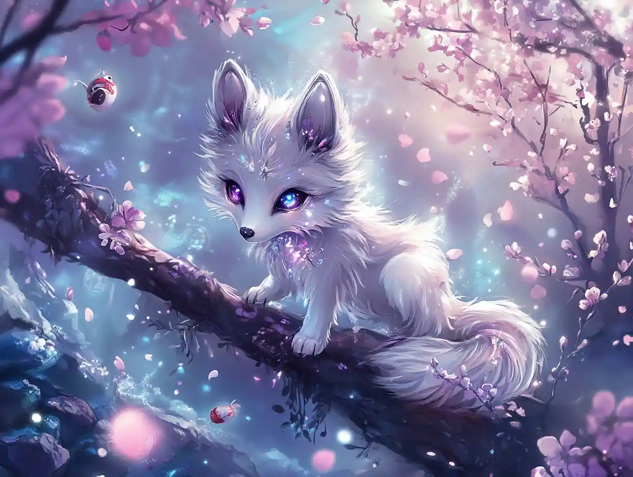Lobo chibi em galho luminoso de flor de cerejeira no céu em tons pastel
