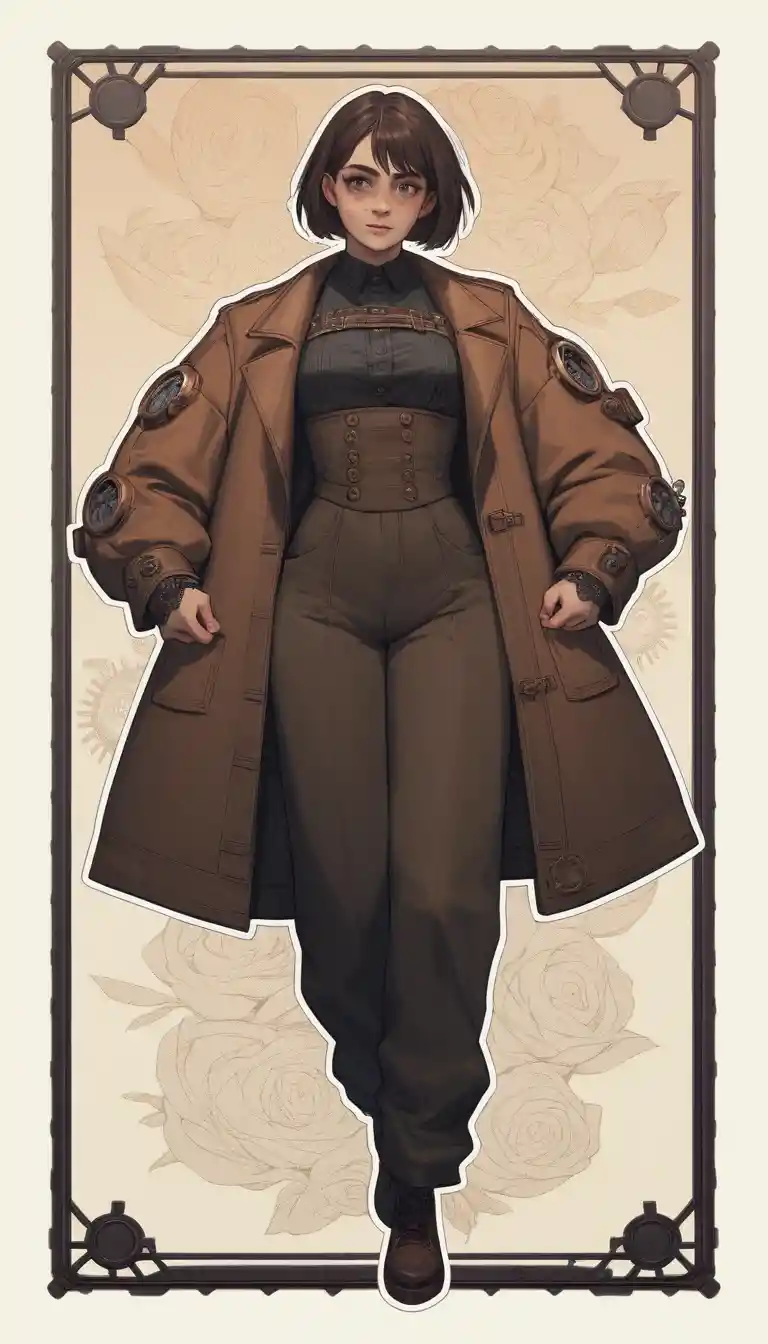 Donna in spaccata davanti a un audace sfondo steampunk in stile cartoon