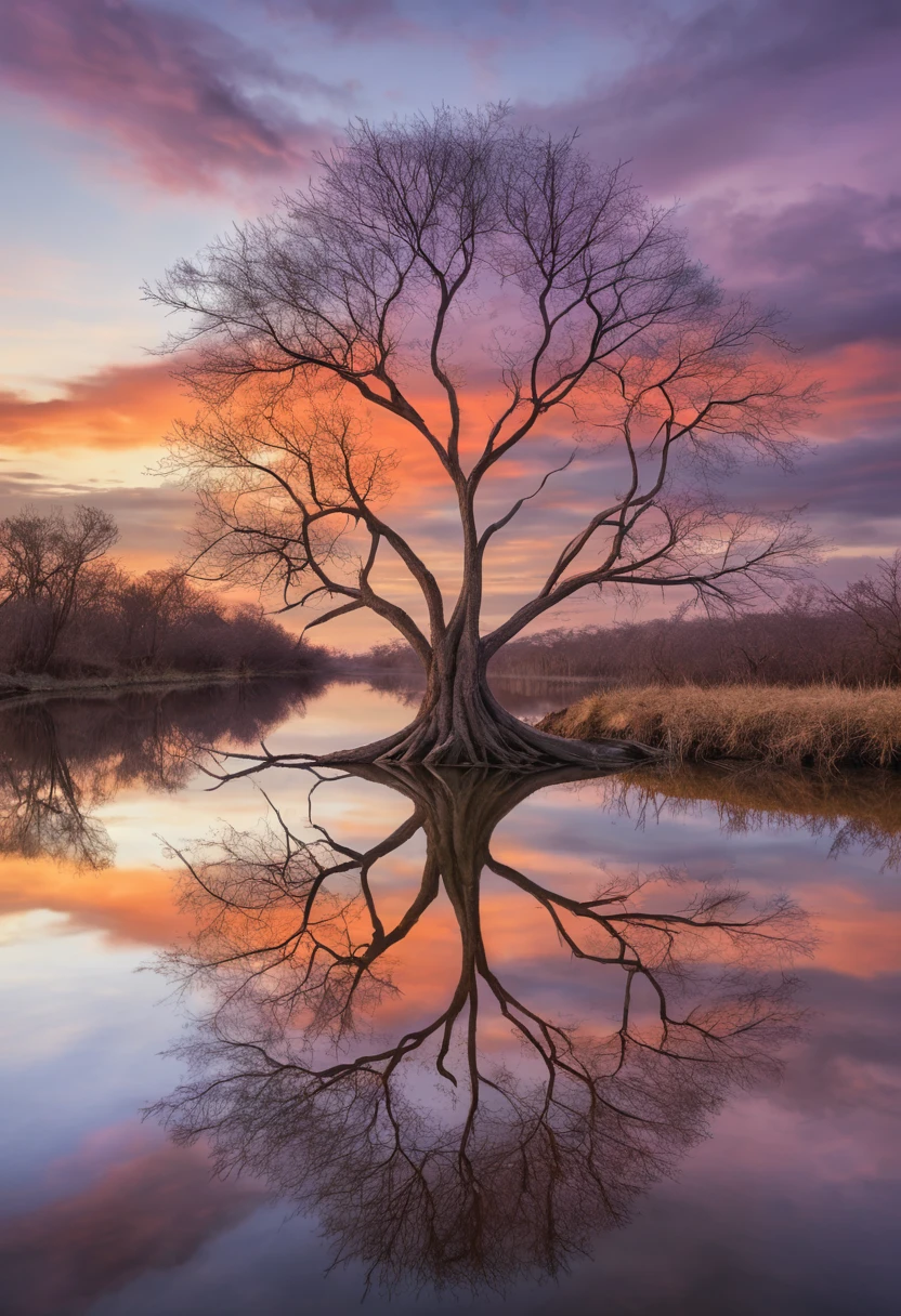 Arbre solitaire reflété dans un étang calme du fleuve Orénoque