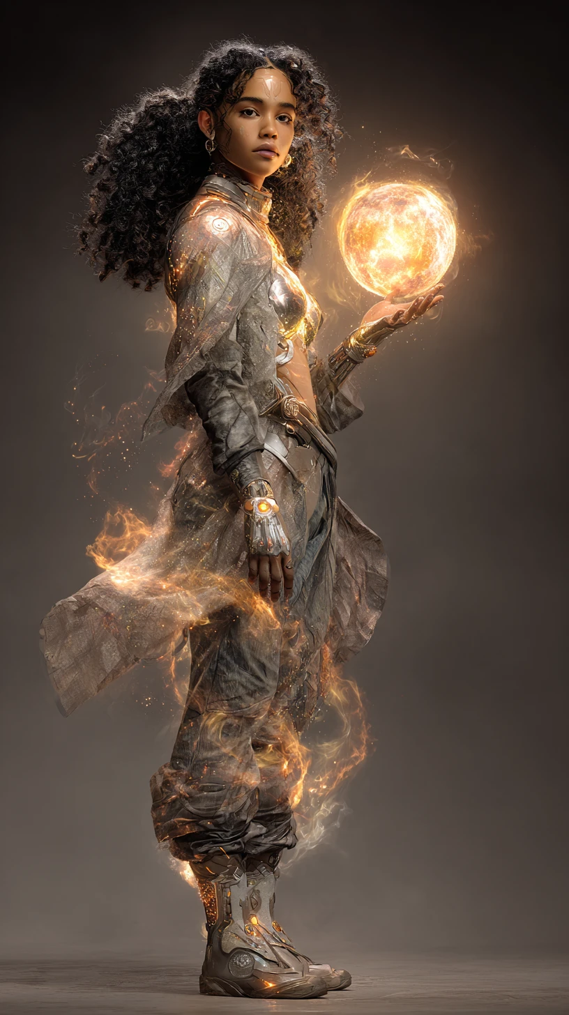 Afrofuturistic sorceress holding a fiery orb of magic