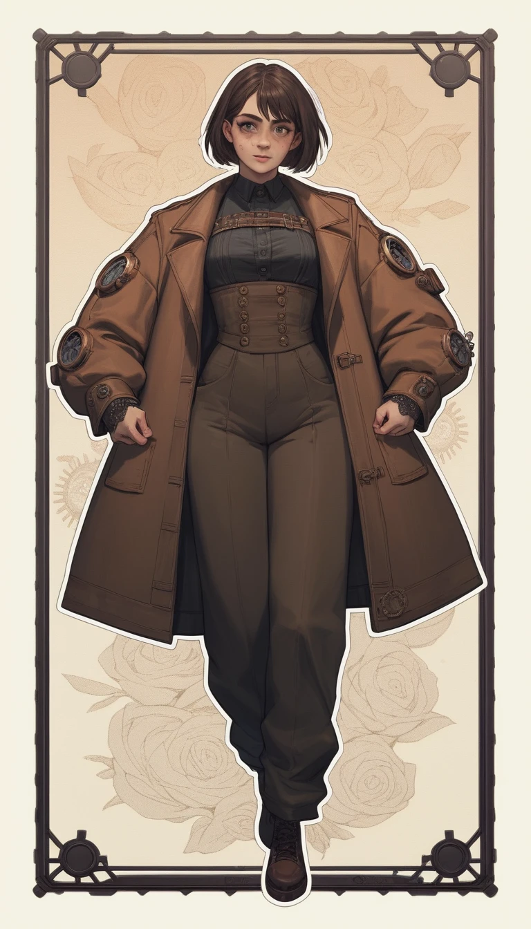 Woman in split pose against a bold steampunk cartoon backdrop