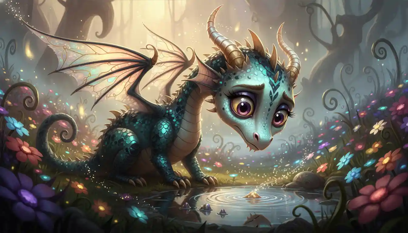 Whimsical Baby Dragon At Enchanted Reflective Puddle