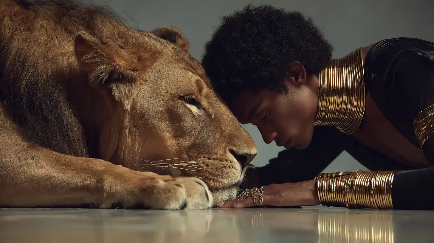 Hombre afrofuturista y león en pose de moda en espejo