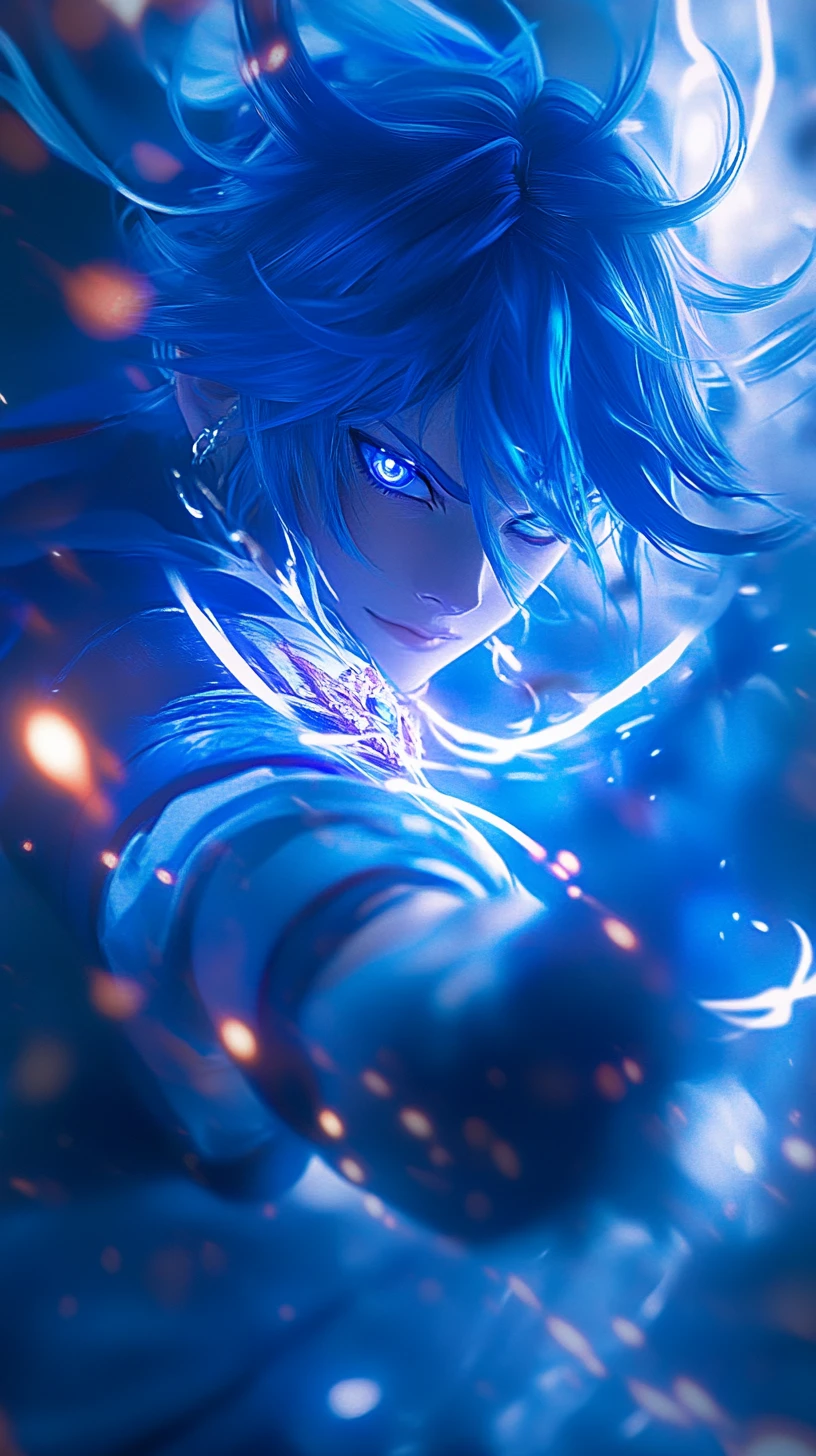 Cavaliere anime dai capelli blu in posa di battaglia in primo piano