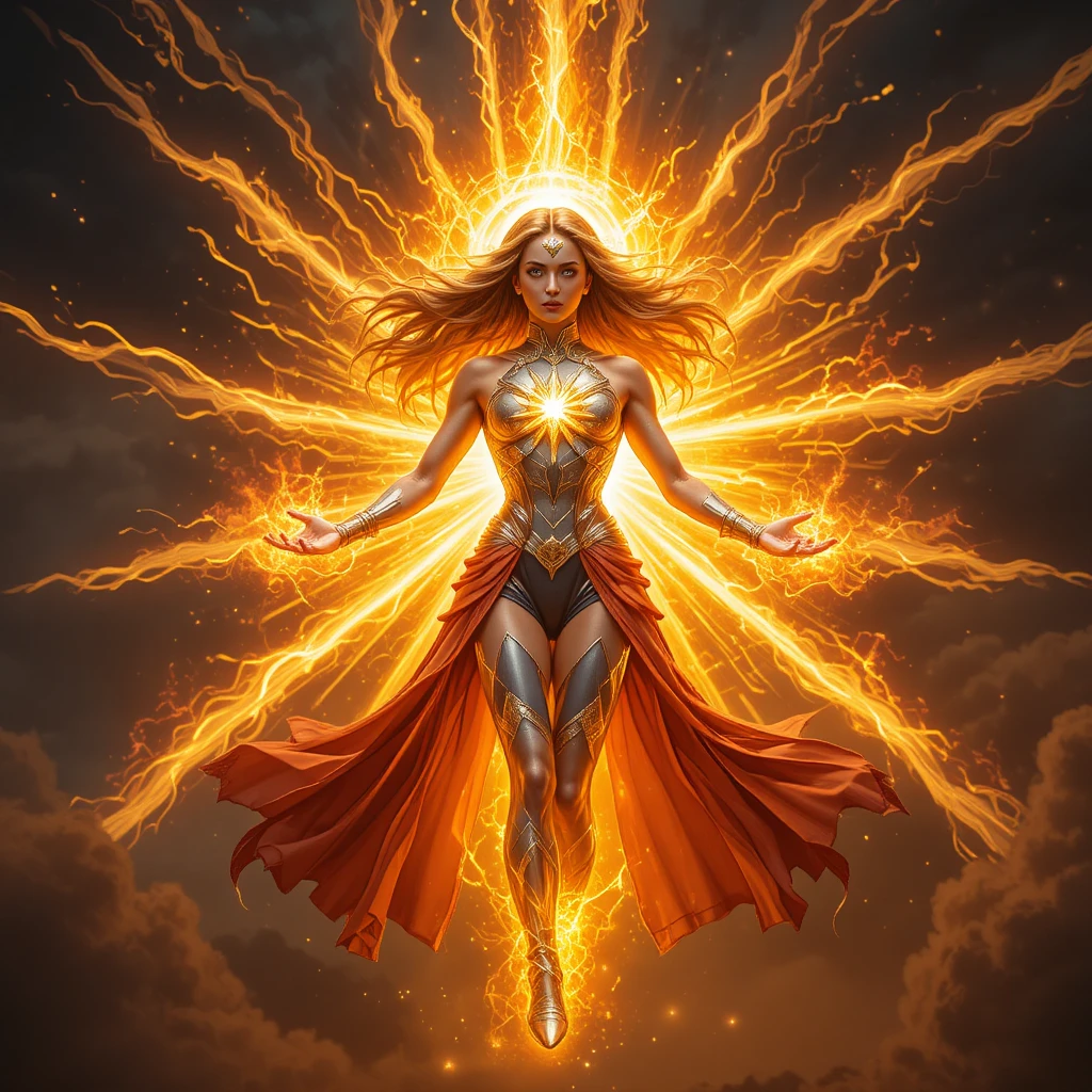 Solar empowered goddess in a dramatic heroic pose