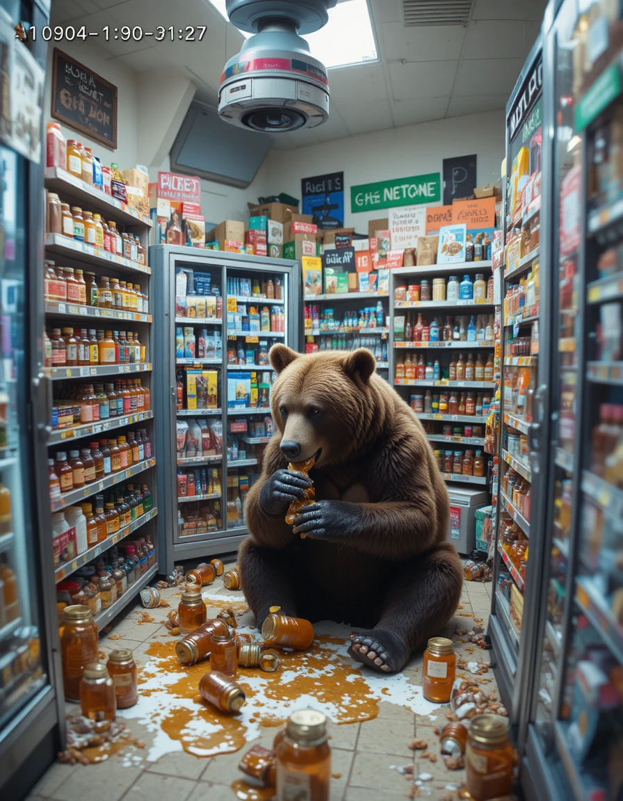 Grizzly bear eating honey on a convenience store floor