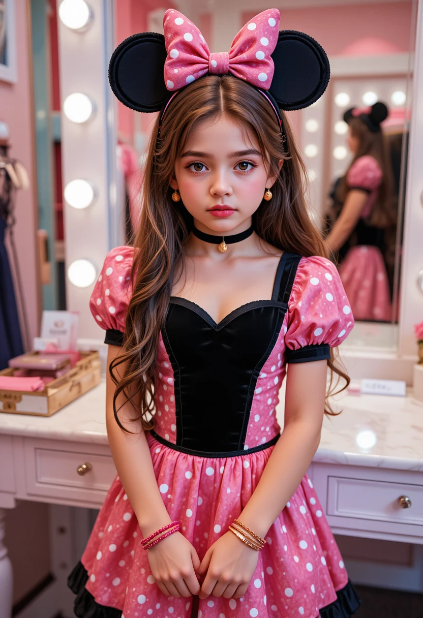 Tween boy dressed as Minnie Mouse in boutique interior