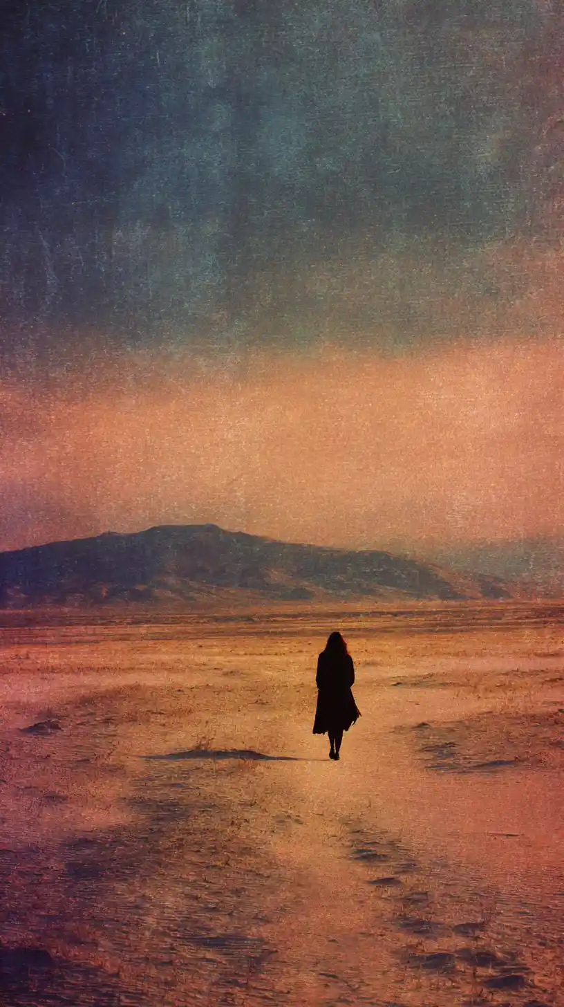 Figura solitaria vagando por un paisaje desértico surrealista