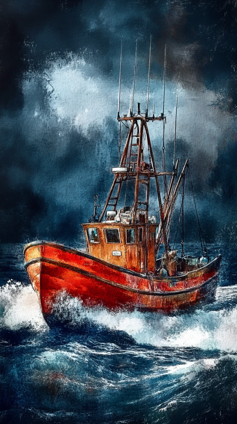 Colorful hand drawn fishing boat in a raging ocean storm