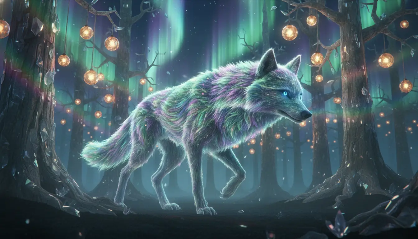Loup spectral marchant dans une forêt de cristal inversée