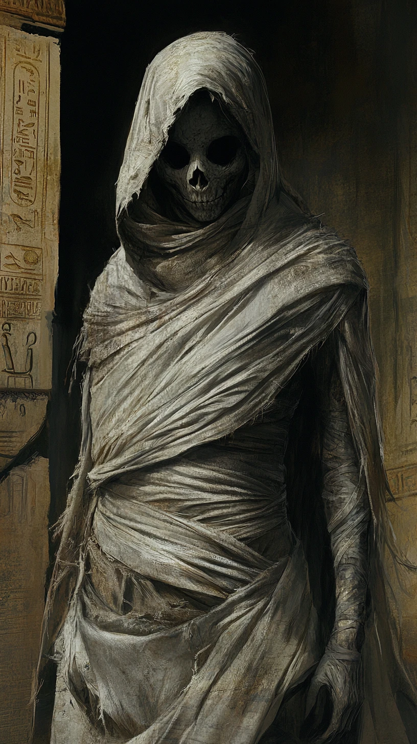 Bandaged mummy like woman in an ancient egyptian tomb