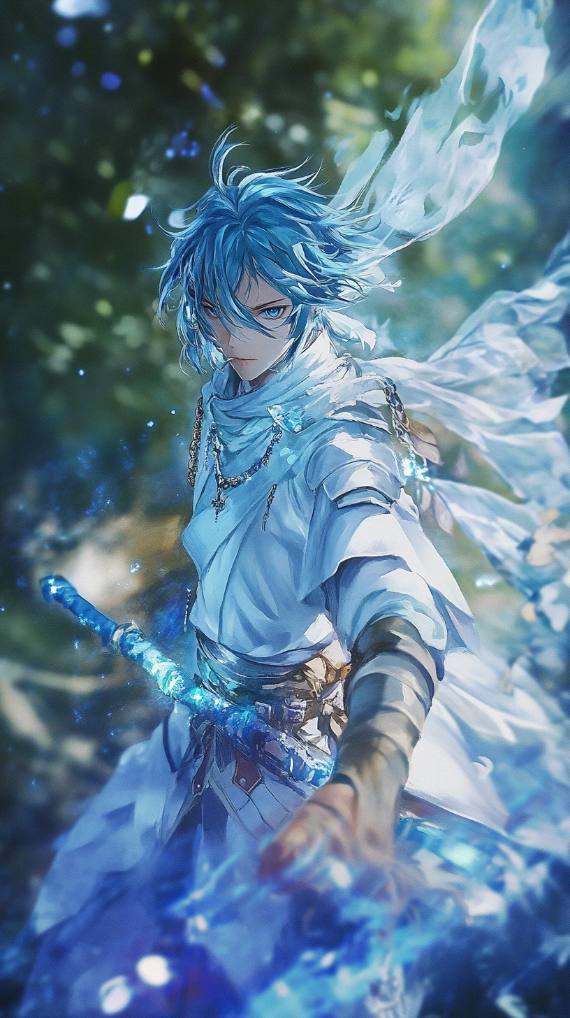 Cavaliere anime dai capelli blu in dinamico ritratto in primo piano