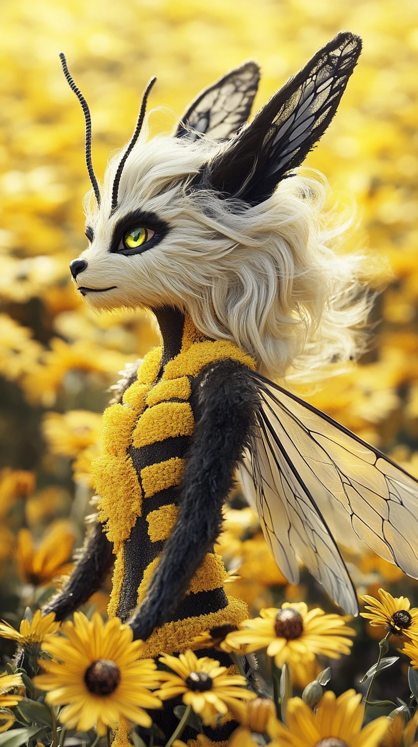 Humanoïde abeille fantaisiste dans un champ de fleurs jaunes éclatantes