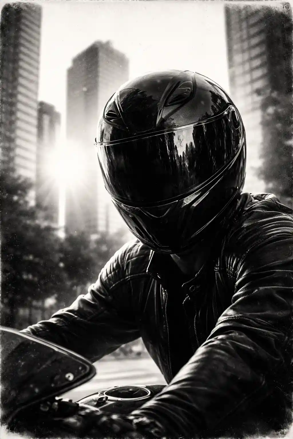 Close-up de um motociclista de capacete na luz do sol urbana