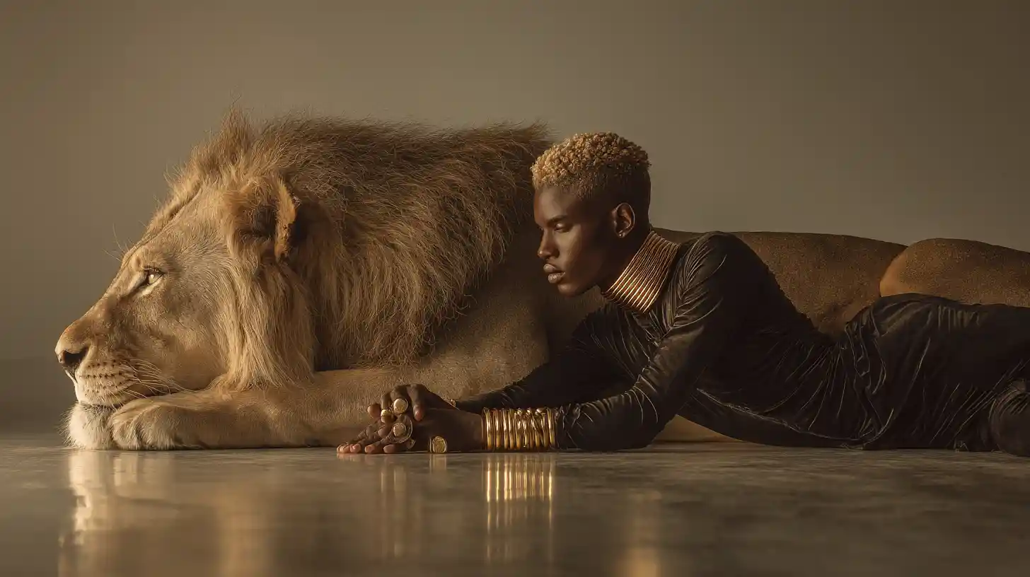 Hombre afrofuturista y león en pose de moda espejada
