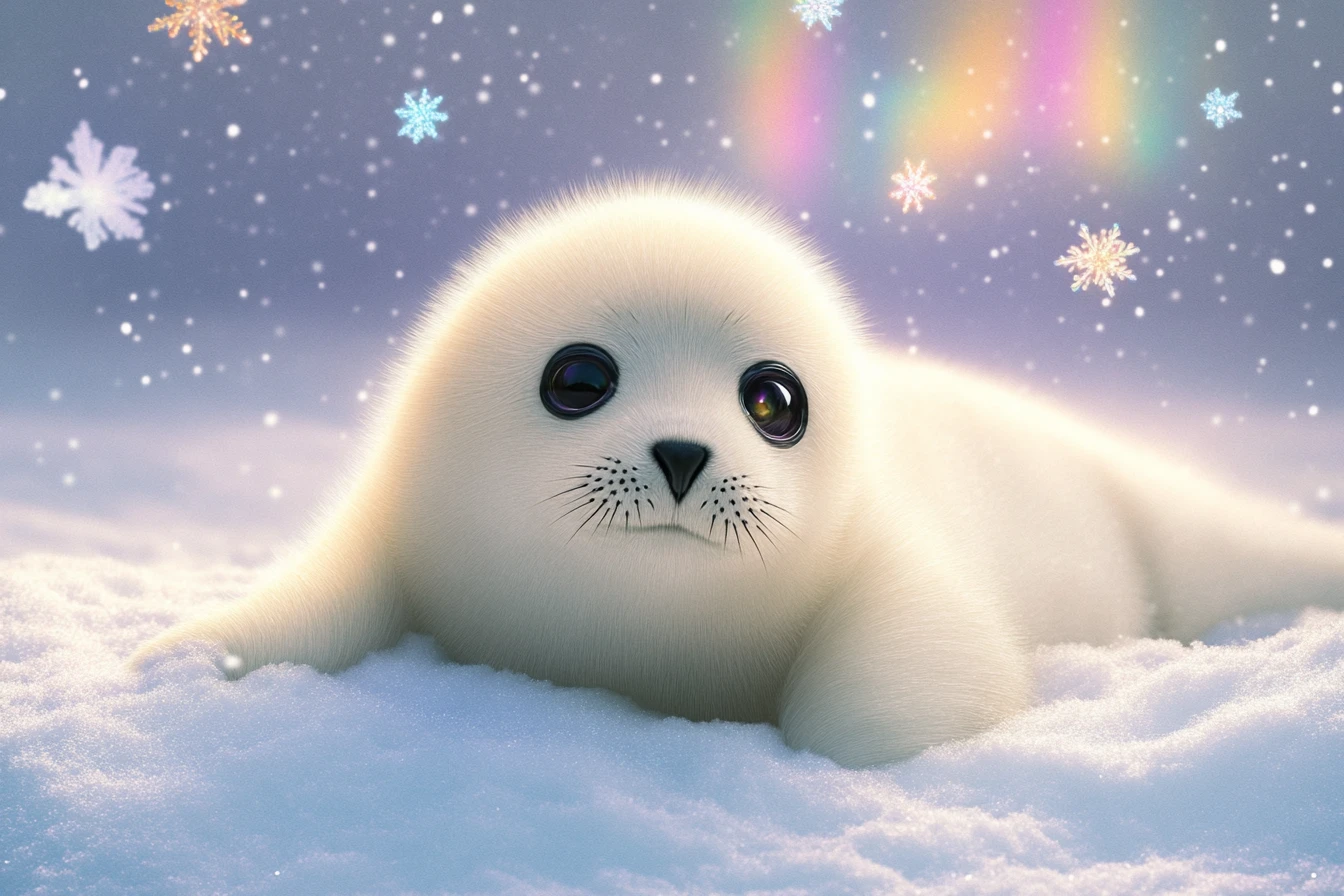 Foca-bebê fofa deitada na neve branca fresca do Ártico