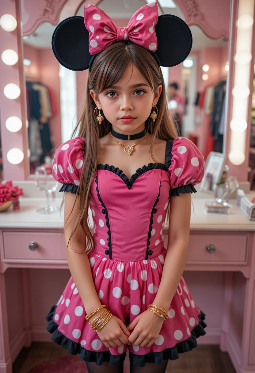 Ängstlicher Pre-Teen-Junge als Minnie Mouse in einer Boutique verkleidet