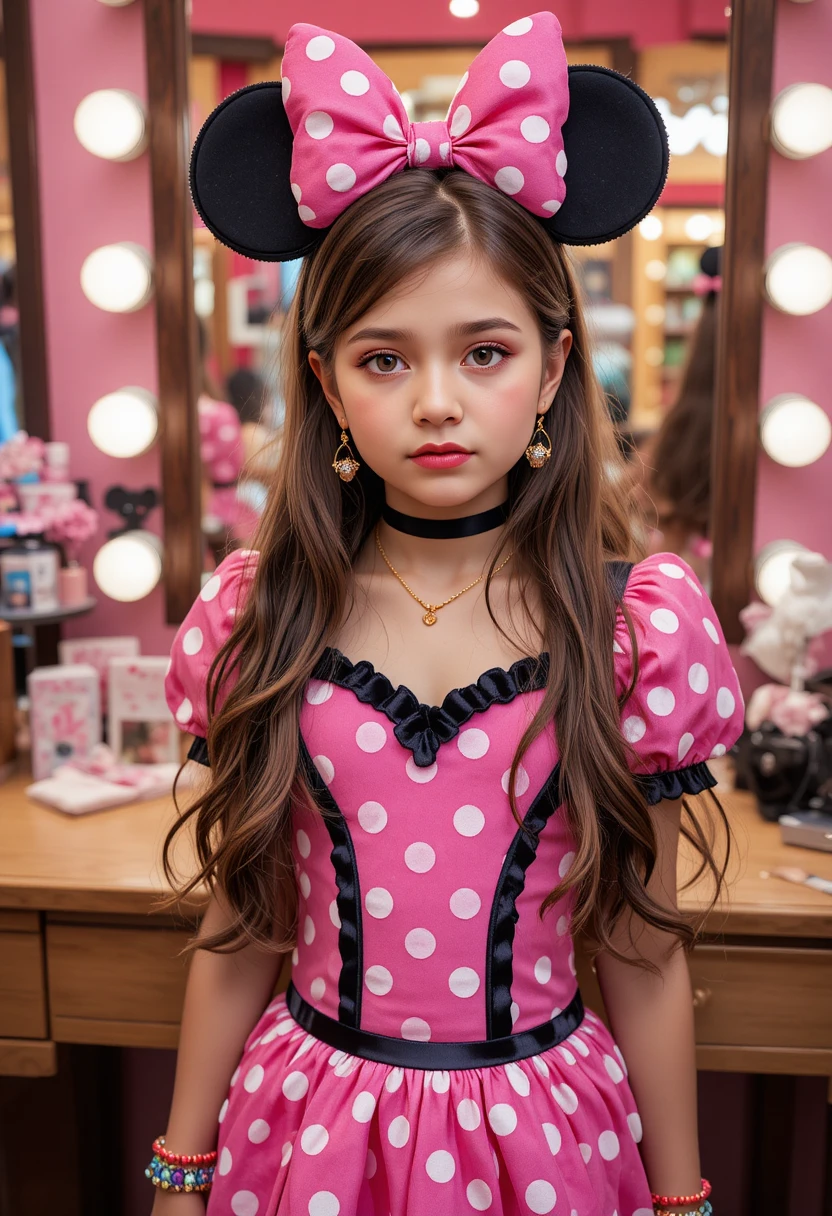 Garoto pré-adolescente ansioso fantasiado de Minnie Mouse em boutique