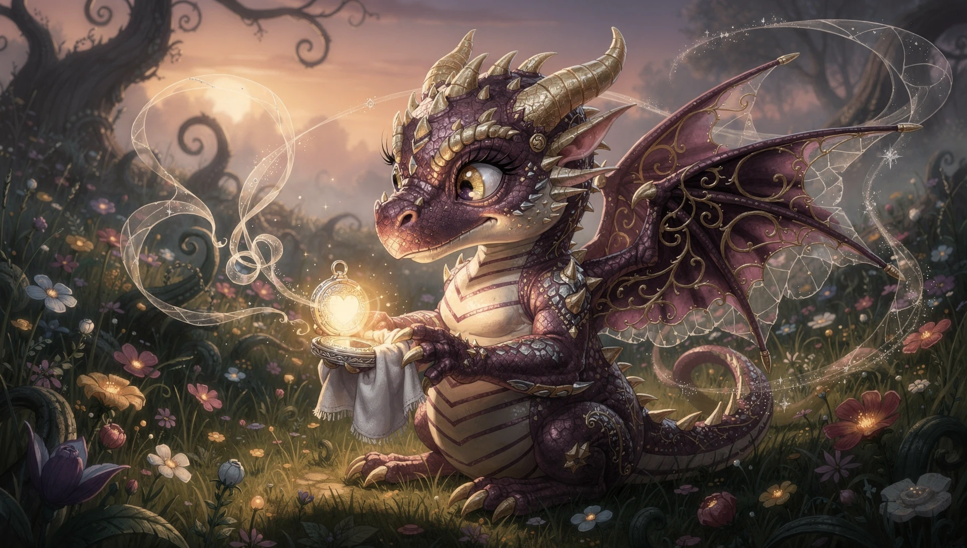 Babydrache poliert ein leuchtendes Silbermedaillon