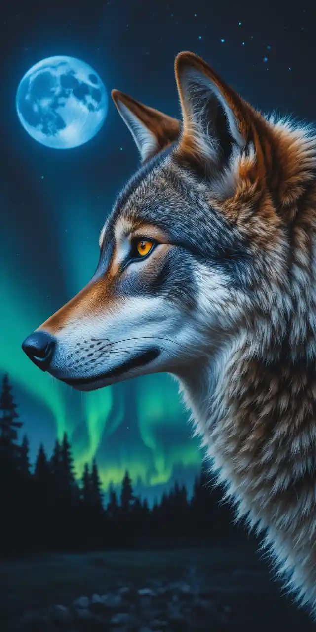 Lobo de perfil com olho amarelo sob o céu iluminado pela lua