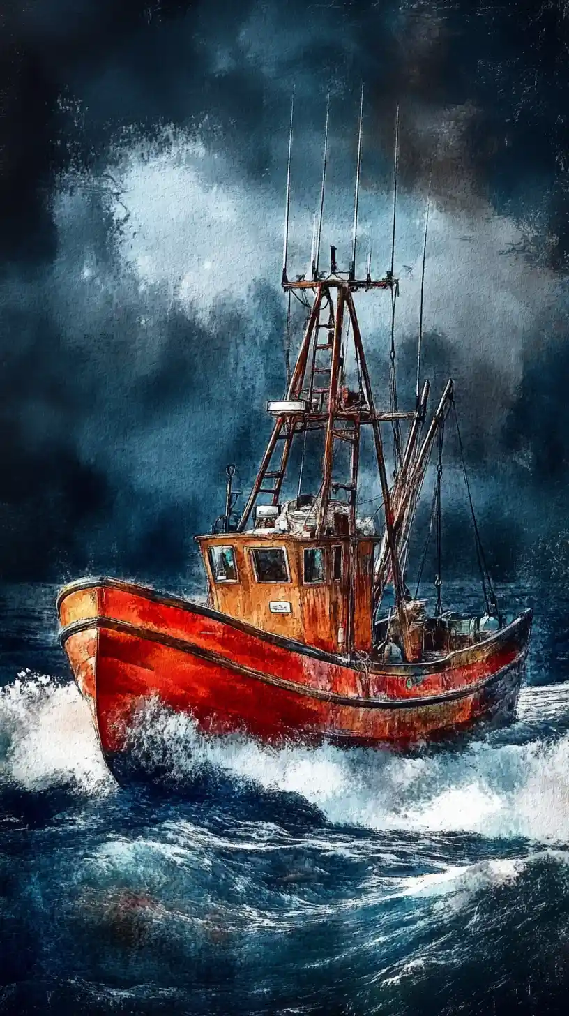 Barco de pesca colorido dibujado a mano en una furiosa tormenta oceánica