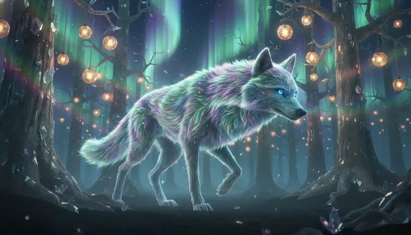 Lobo espectral caminando por un bosque de cristal invertido