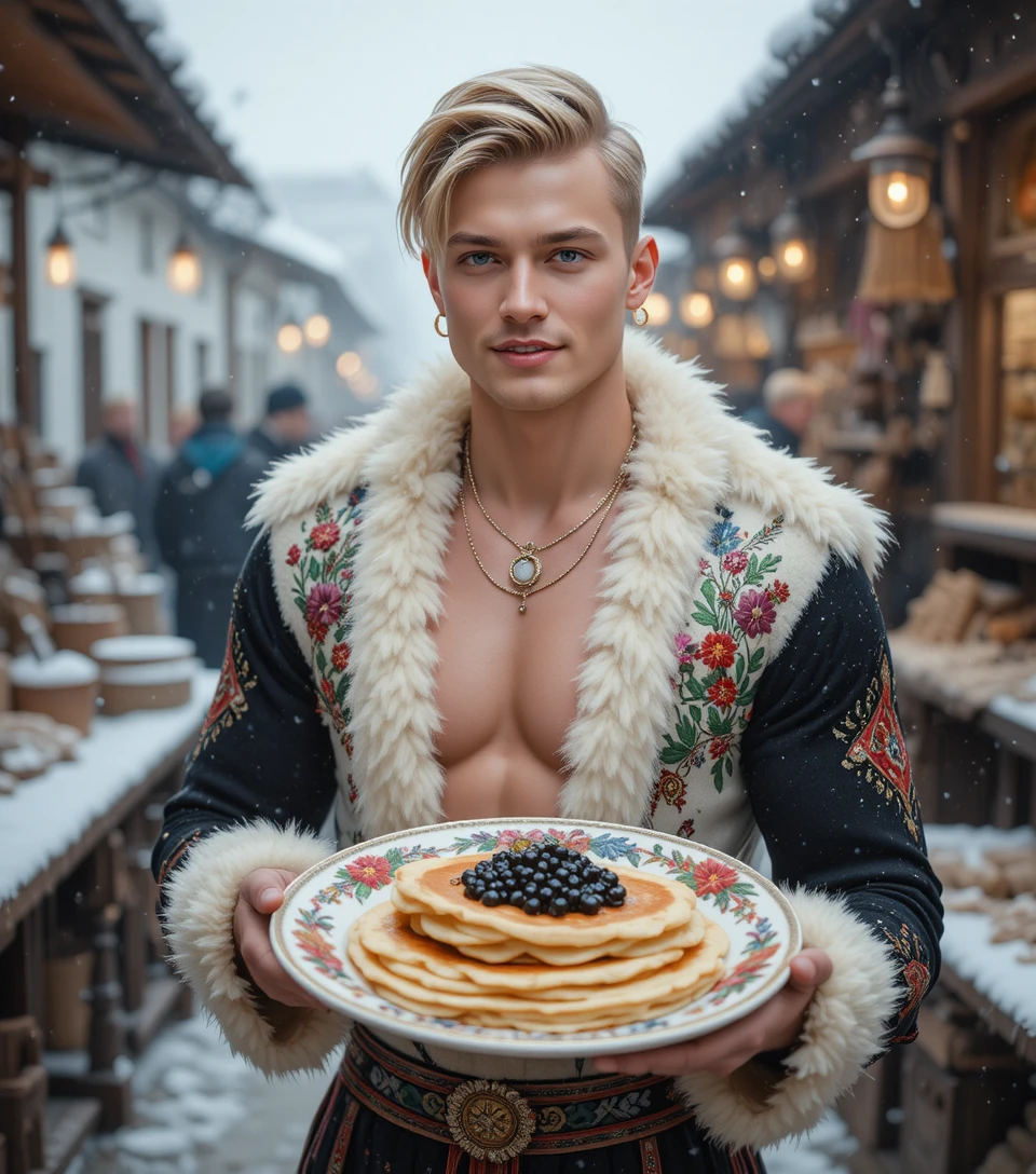 Adolescente rubio sonriente con traje folclórico de invierno en el mercado