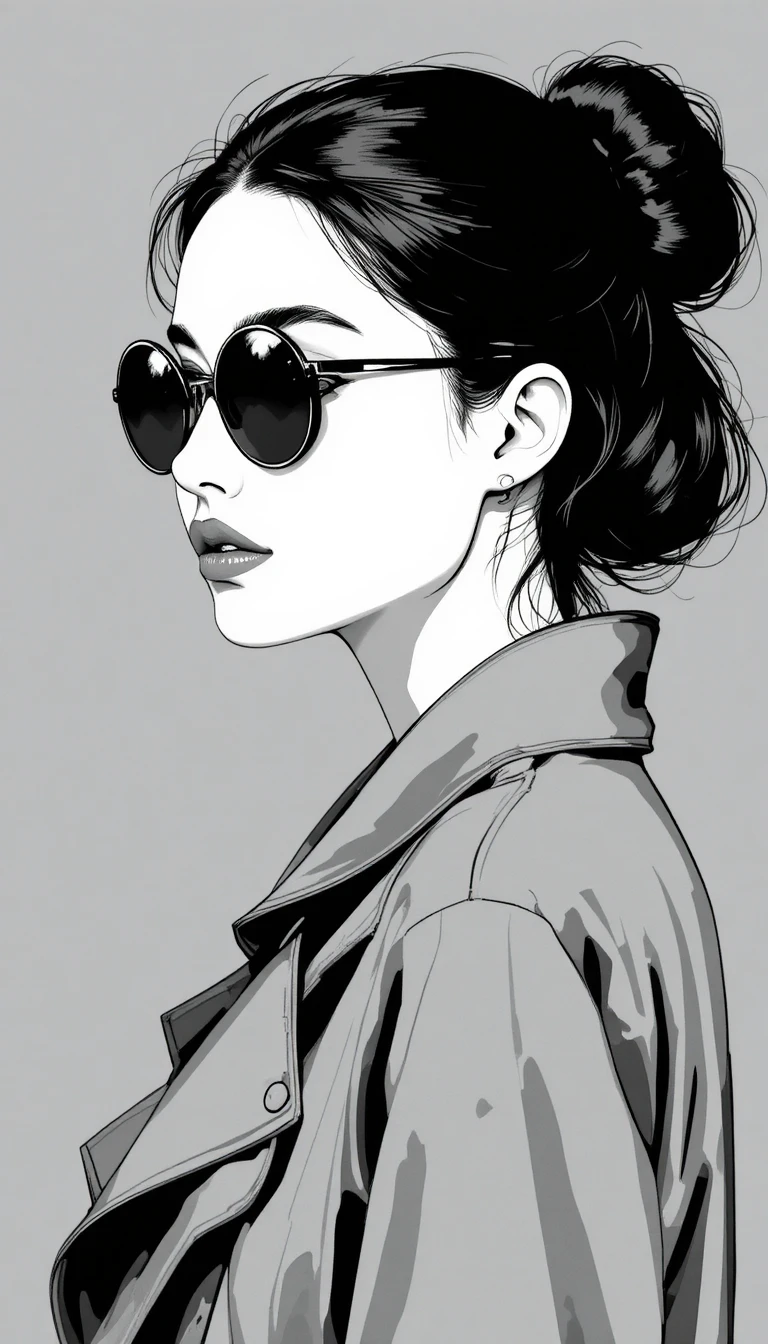 Stylized portrait of a young woman in oversized sunglasses