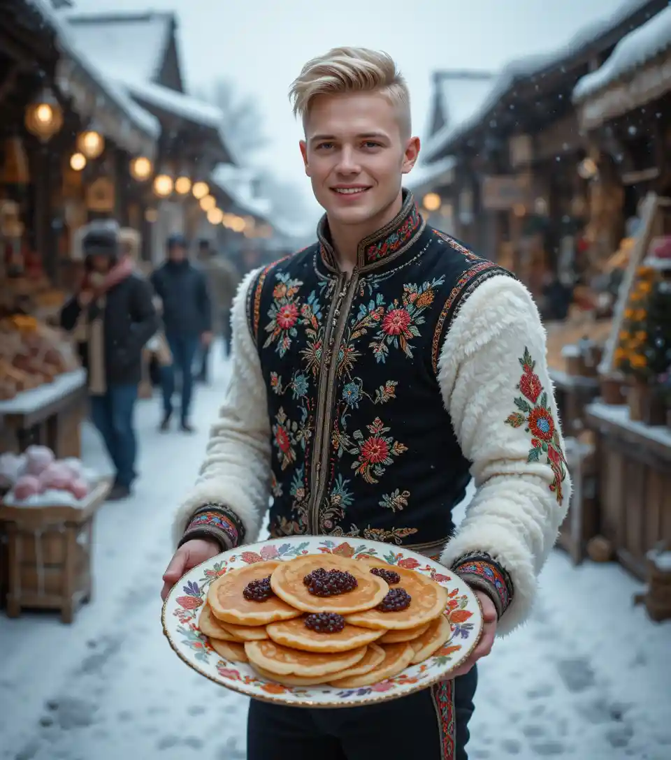 Smiling blond teen in winter folk costume at market