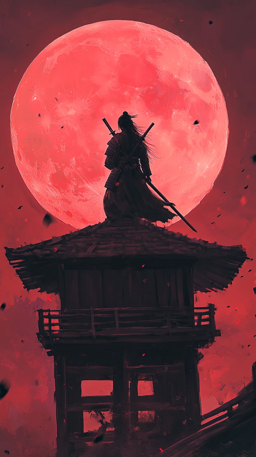 Mujer samurái que protege una aldea bajo una luna roja