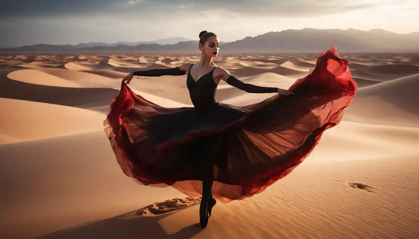Lone dancer in flowing crimson silk across desert dunes