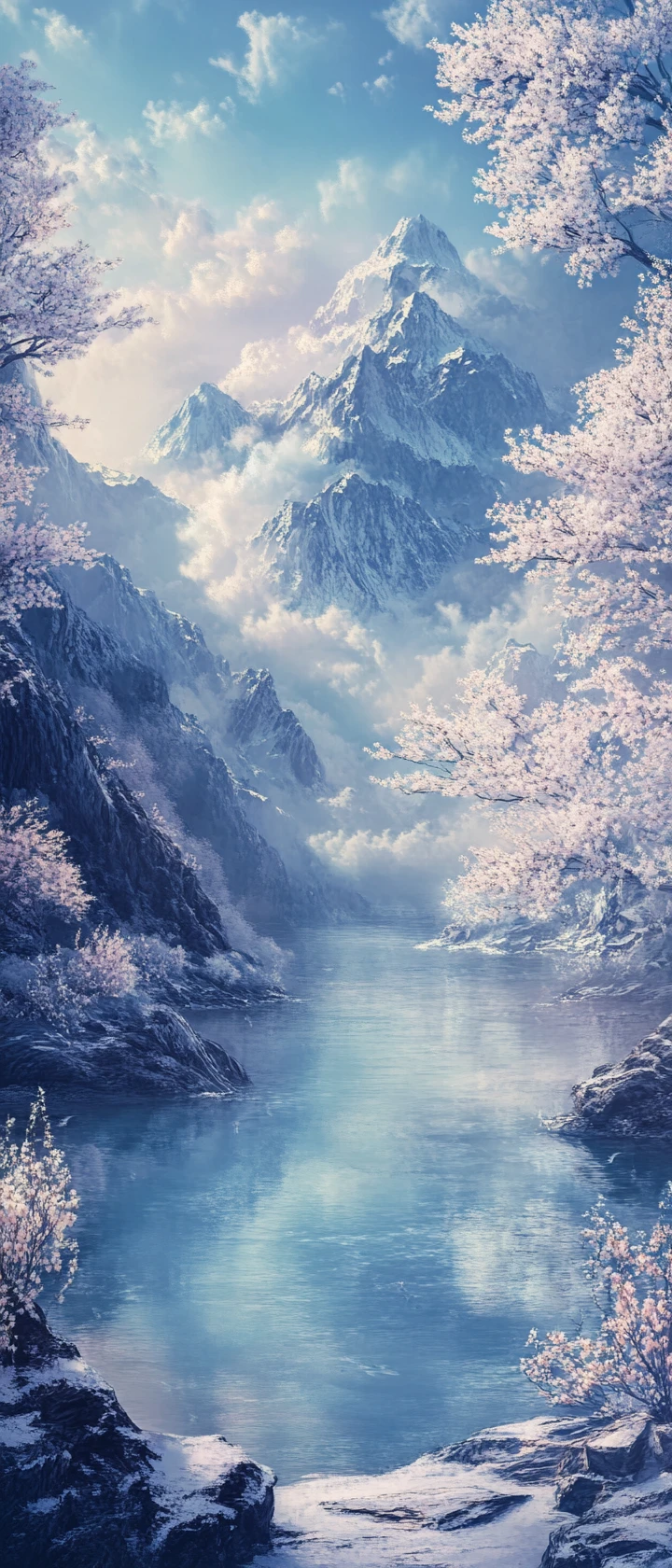 Ethereal Almond Trees By A Lake Beneath Snowy Peaks