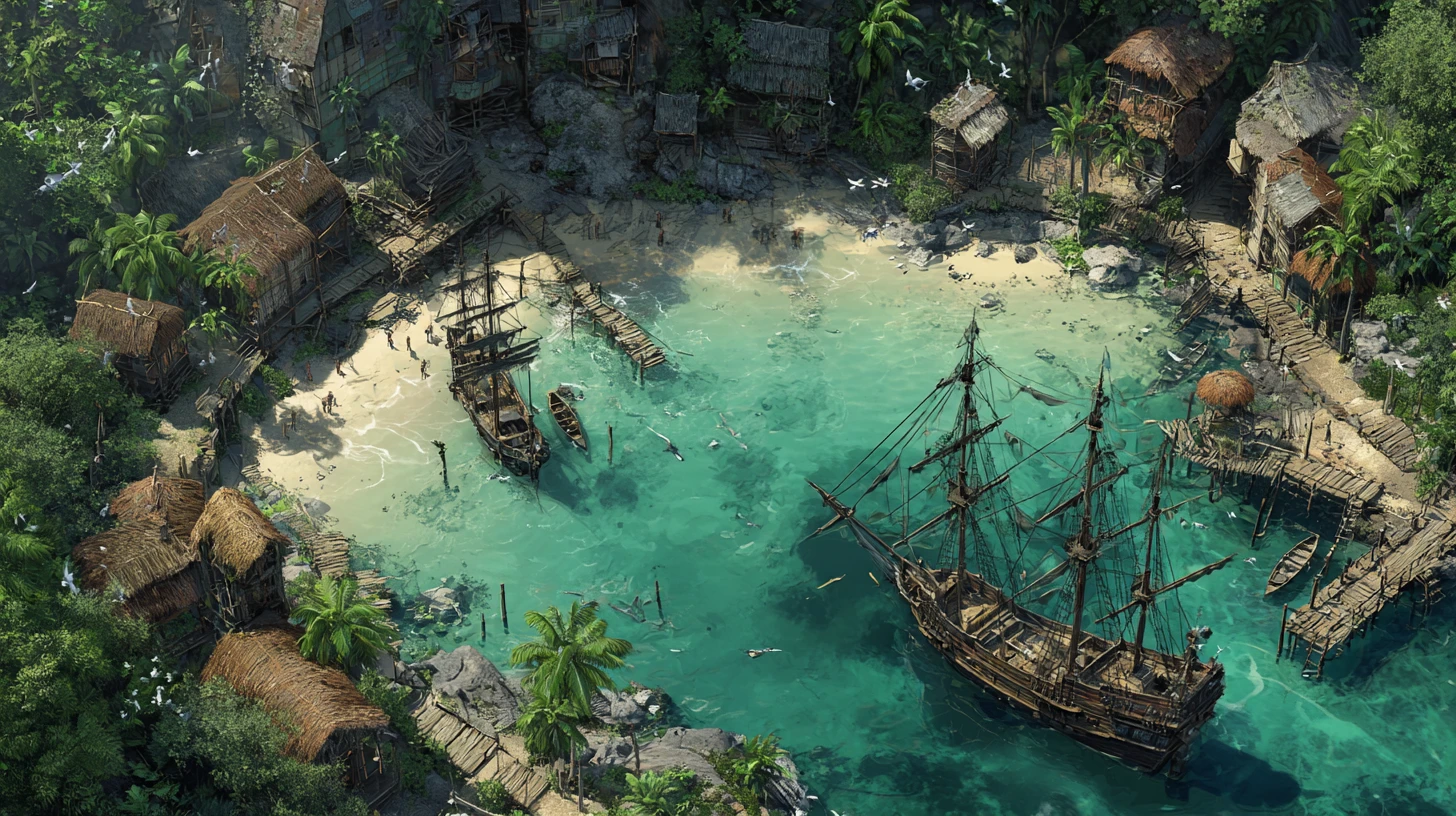 Dramatic pirate cove with ships and jungle huts