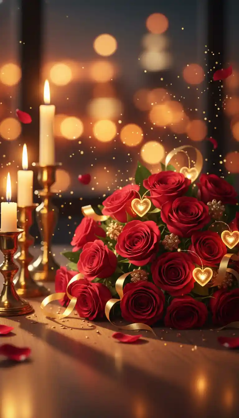 Romantic red roses with candlelight and glowing hearts