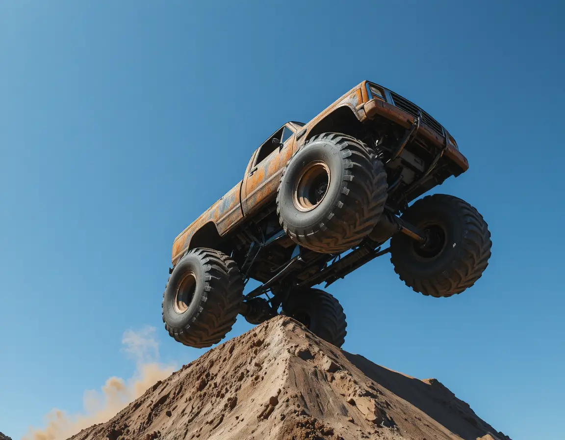 Brown monster truck performing a stunt on a ramp