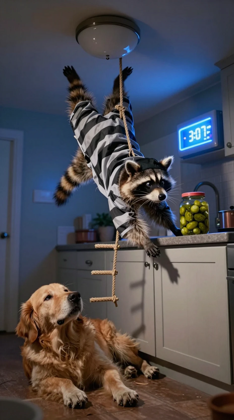 Raccoon Thief Hanging From Kitchen Light At 3 A.m.