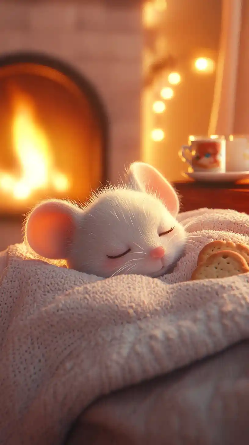 居心地のいいクリスマスベッドで眠るかわいい3Dマウス