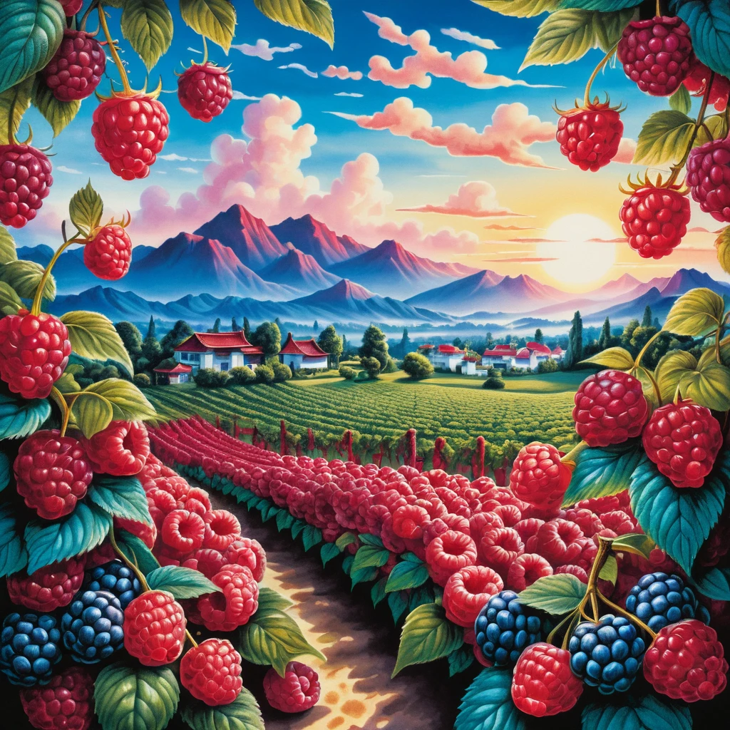 Campi surreali di lamponi all'alba in un paesaggio montano da sogno